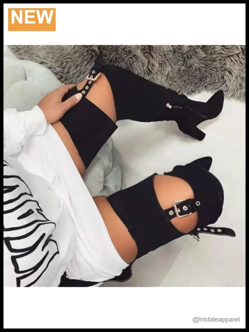 HiColor Women's Belted Pointed Toe High Boots Striking Buckle Strap Fashion